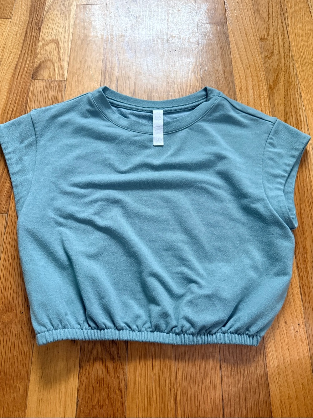 Alo Cropped Cap-Sleeve Sweatshirt Top in Dusty Teal